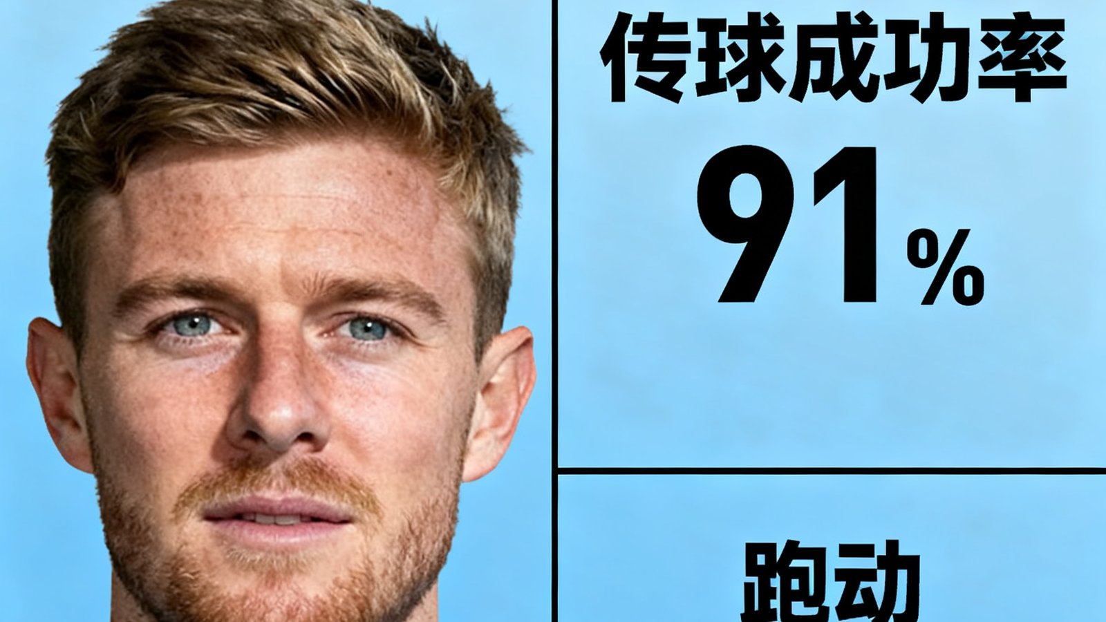 球员数据榜，德布劳内传球成功率91%，跑动12.3km